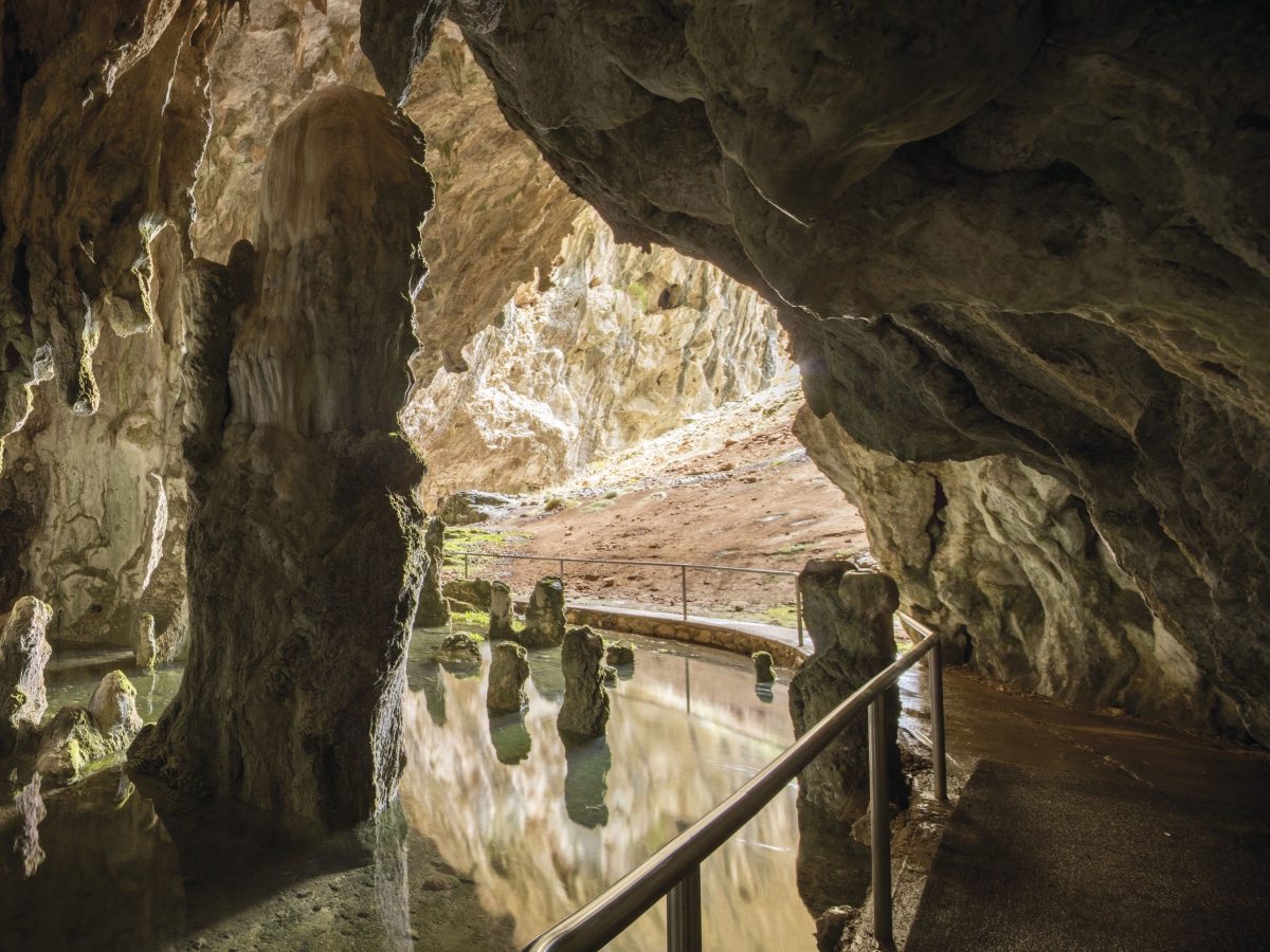 Rock columns in water inside Glory Cave, Kosciuszko National Park. Photo: Murray Vanderveer/DPIE