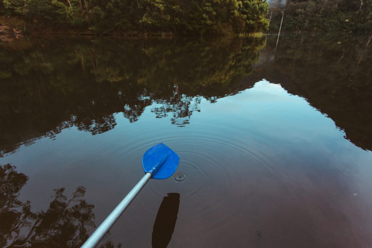 Oar from a boat hovering over the water, Morton National Park. Photo: Tim Clark