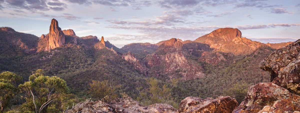View of the Breadknife and Grand High Tops at sunset, Warrumbungle National Park. Photo: © Simone Cottrell/DPIE