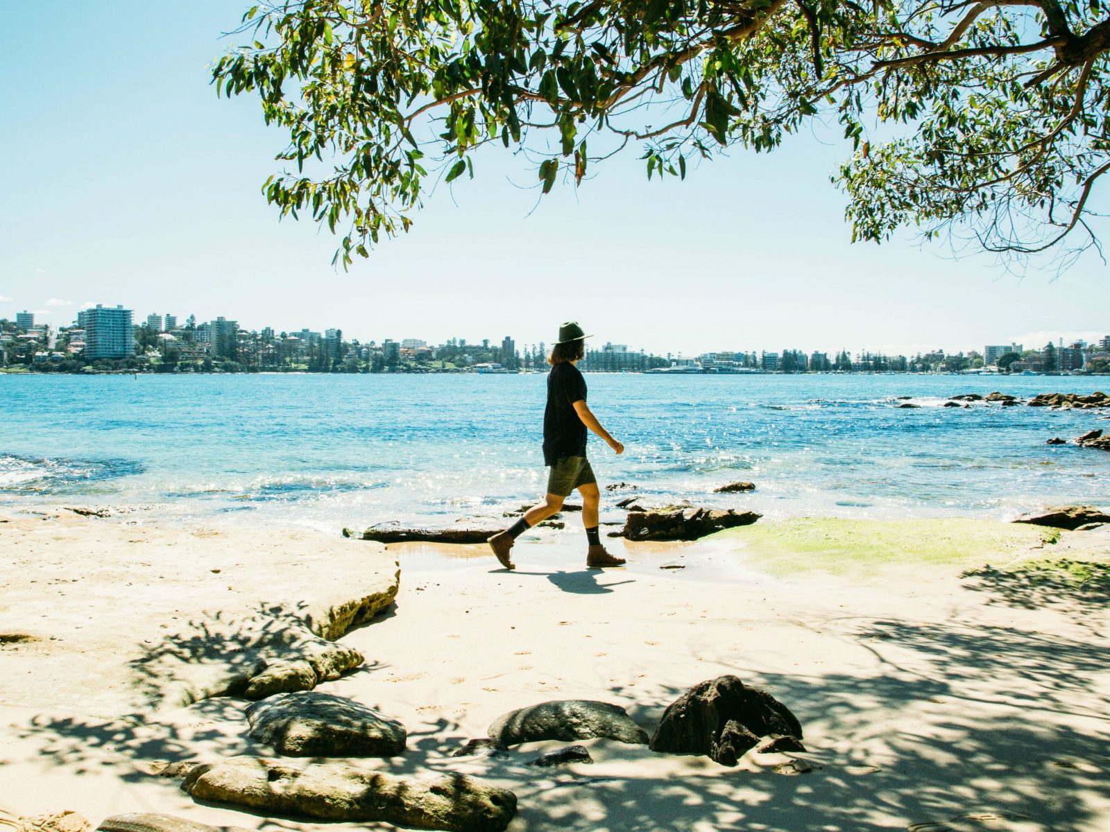 Person walking along Reef Beach on the Manly scenic walkway, Sydney Harbour National Park. Photo: Jack Bussell