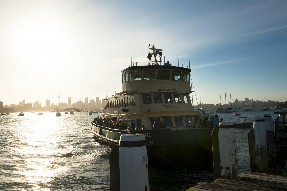 Sydney Harbour ferry approaching Shark Island, Sydney Harbour National Park. Photo: Roslyn Sharp/DPIE