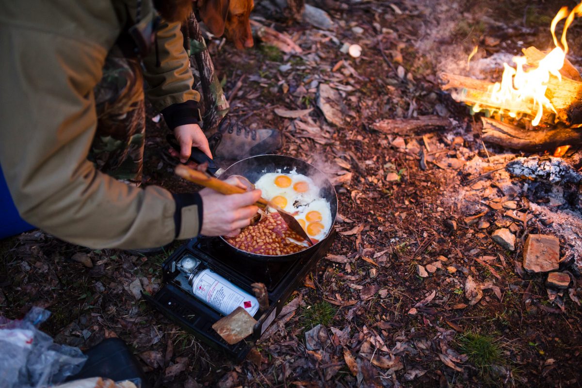 Person cooking food by a campfire