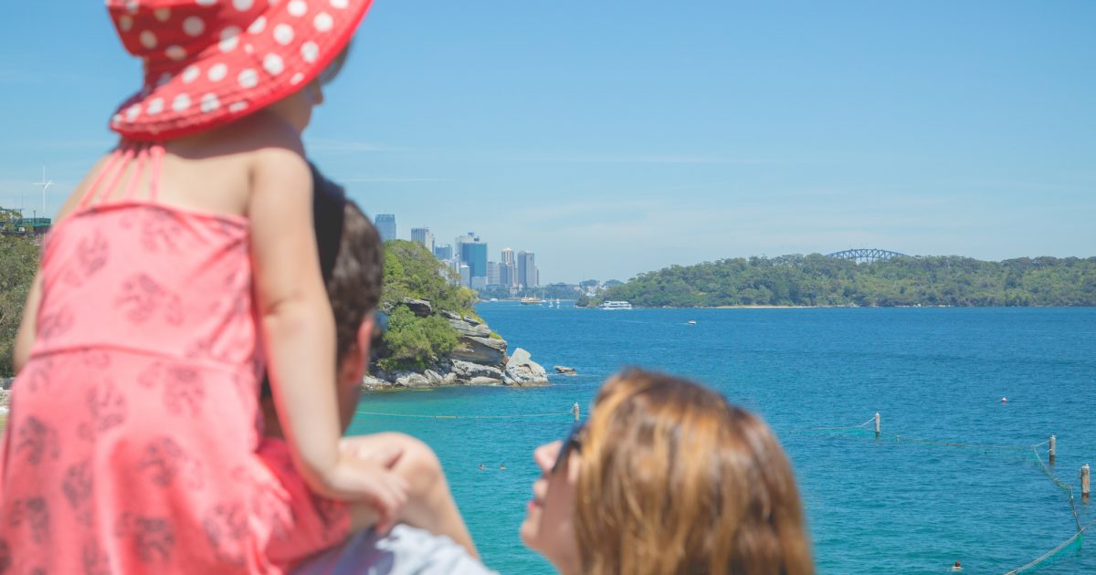 Family looking at view of Sydney from Shakespeares Point, Sydney Harbour National Park. Photo: Instagram @hugh.obrien