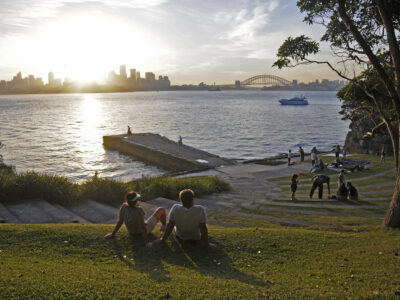 People enjoying the view from amphitheatre, Bradleys Head, Sydney Harbour National Park. Photo credit: Kevin McGrath / DPE