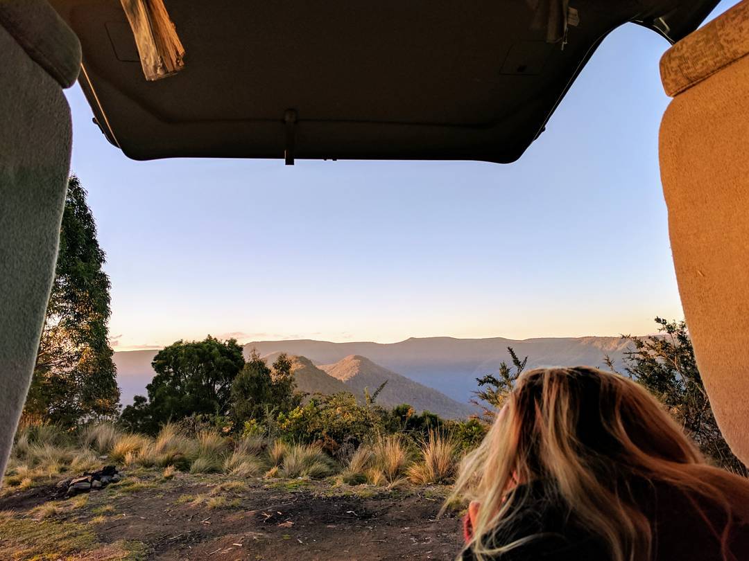 Looking out the back of the car in a NSW national park campground. Photo: Instagram @mynameiskyell