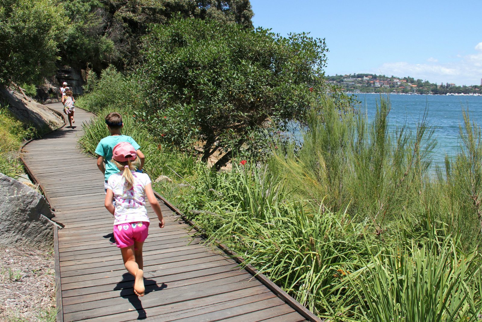 Children running on the boardwalk Hermitage foreshore walking track in Sydney Harbour National Park. Photo: John Yurasek/DPIE