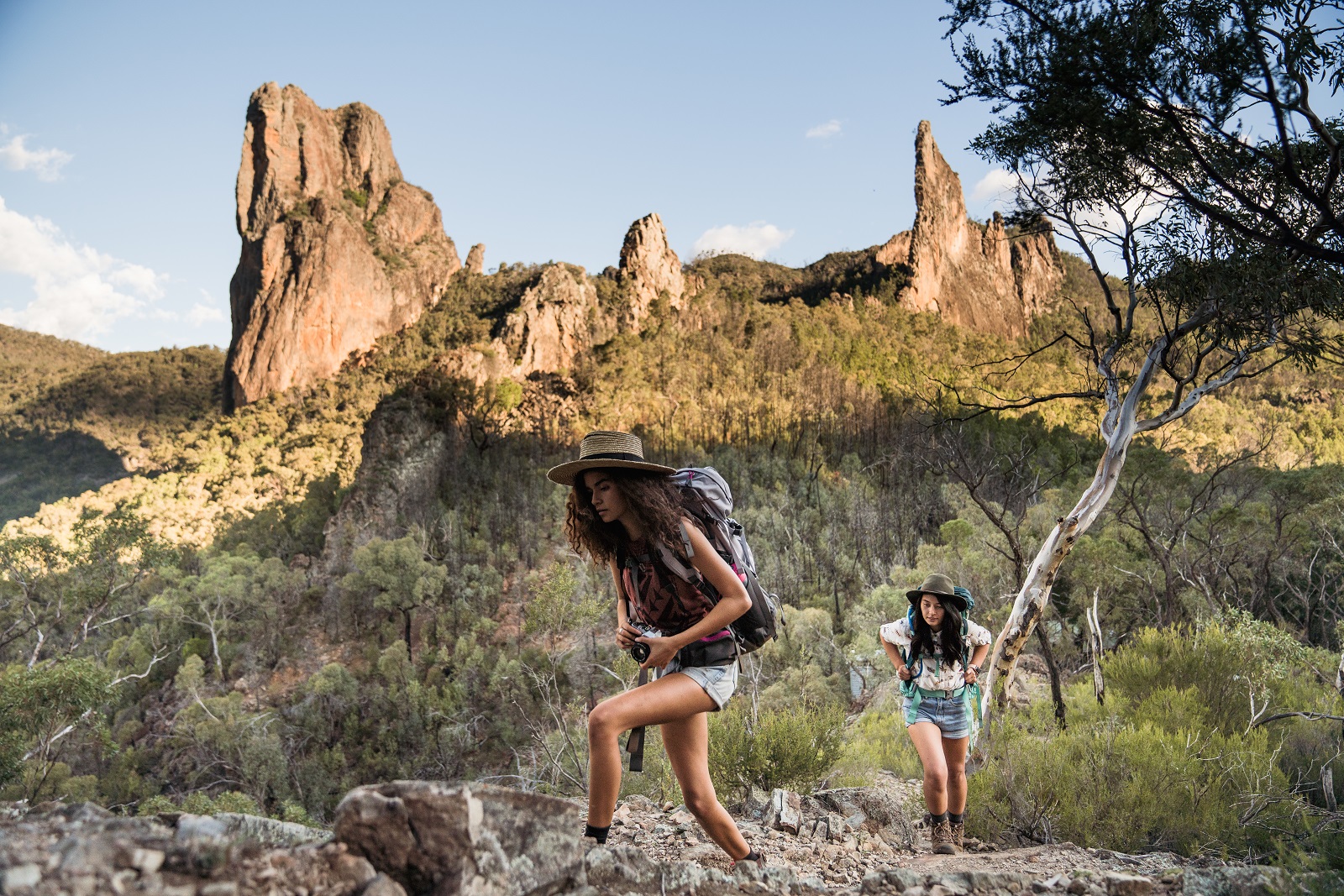 Two people walking along the Breadknife and Grand High Tops walk, Warrumbungle National Park. Photo credit: Rob Mulally/DPIE