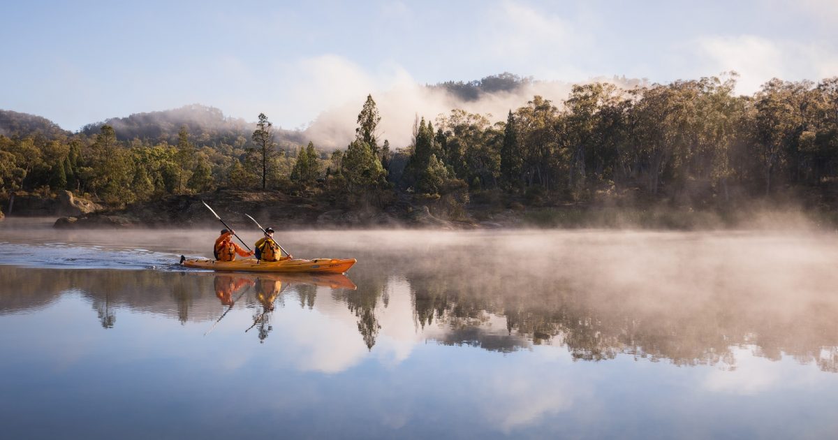 Two males in a kayak on Cudgegong River, Wollemi National Park. Photo credit: Daniel Tran/DPIE