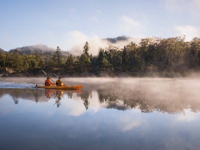 Two males in a kayak on Cudgegong River, Wollemi National Park. Photo: Daniel Tran/DPIE