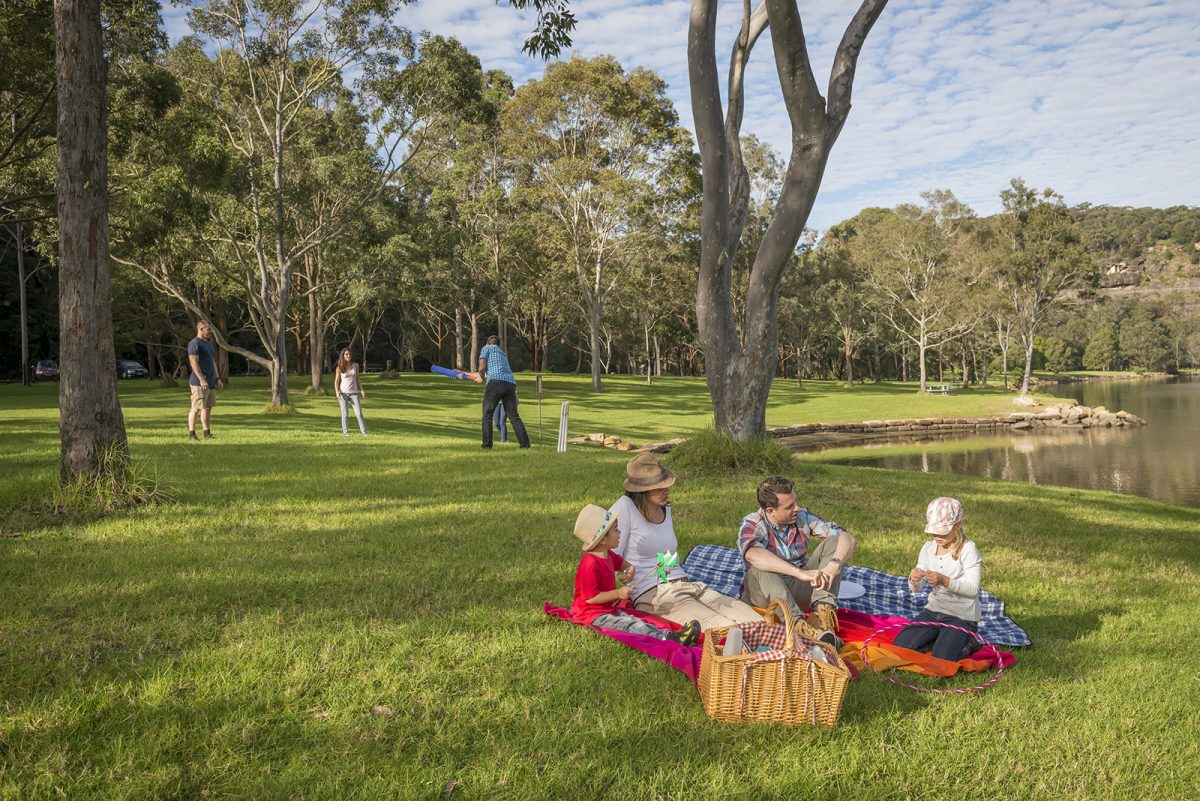 A family of four enjoying a picnic inDavidson Park picnic area, Garigal National Park