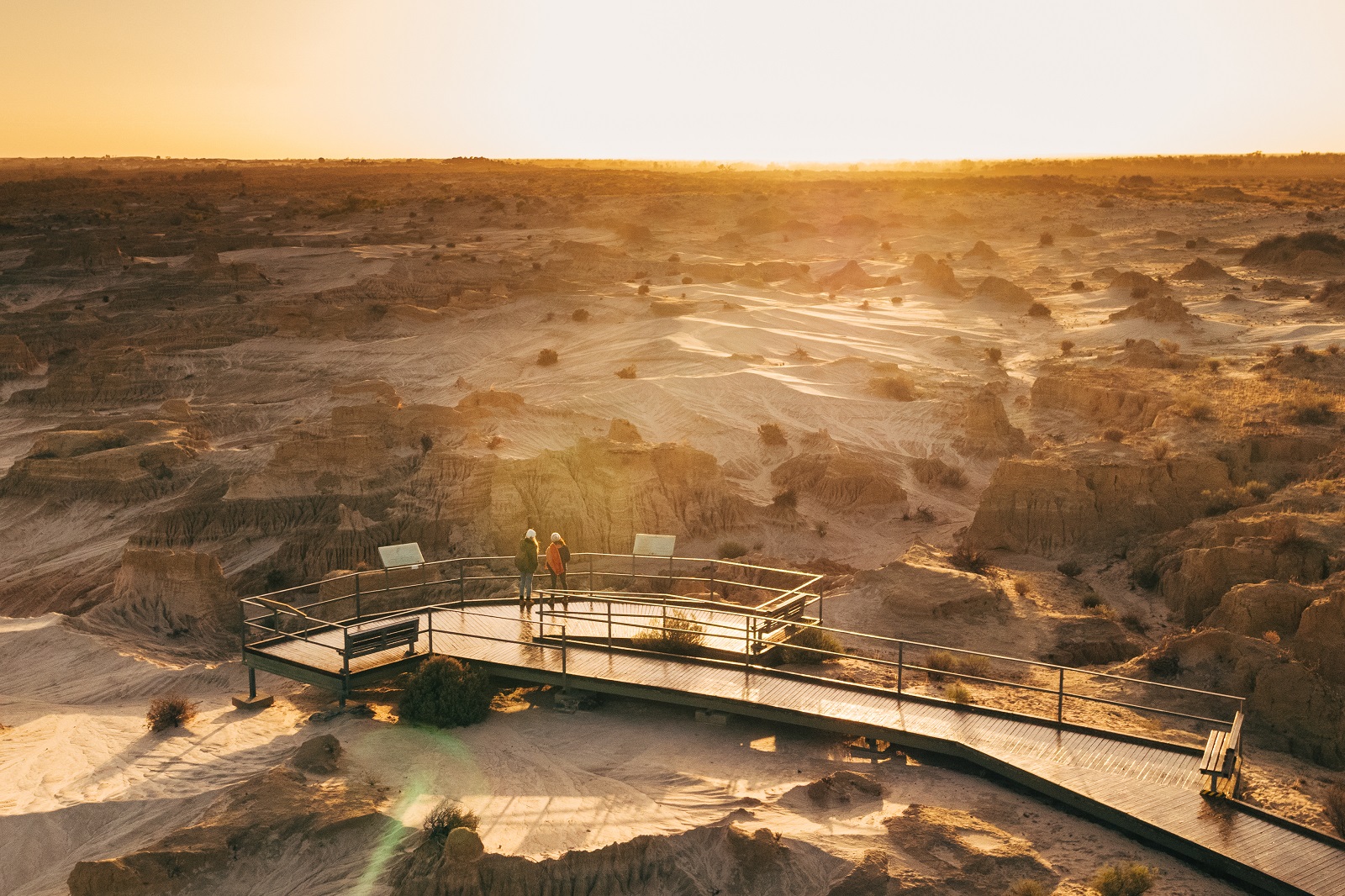 Aerial view of Red Top lookout at sunset in Mungo National Park. Photo: Melissa Findley/DPIE