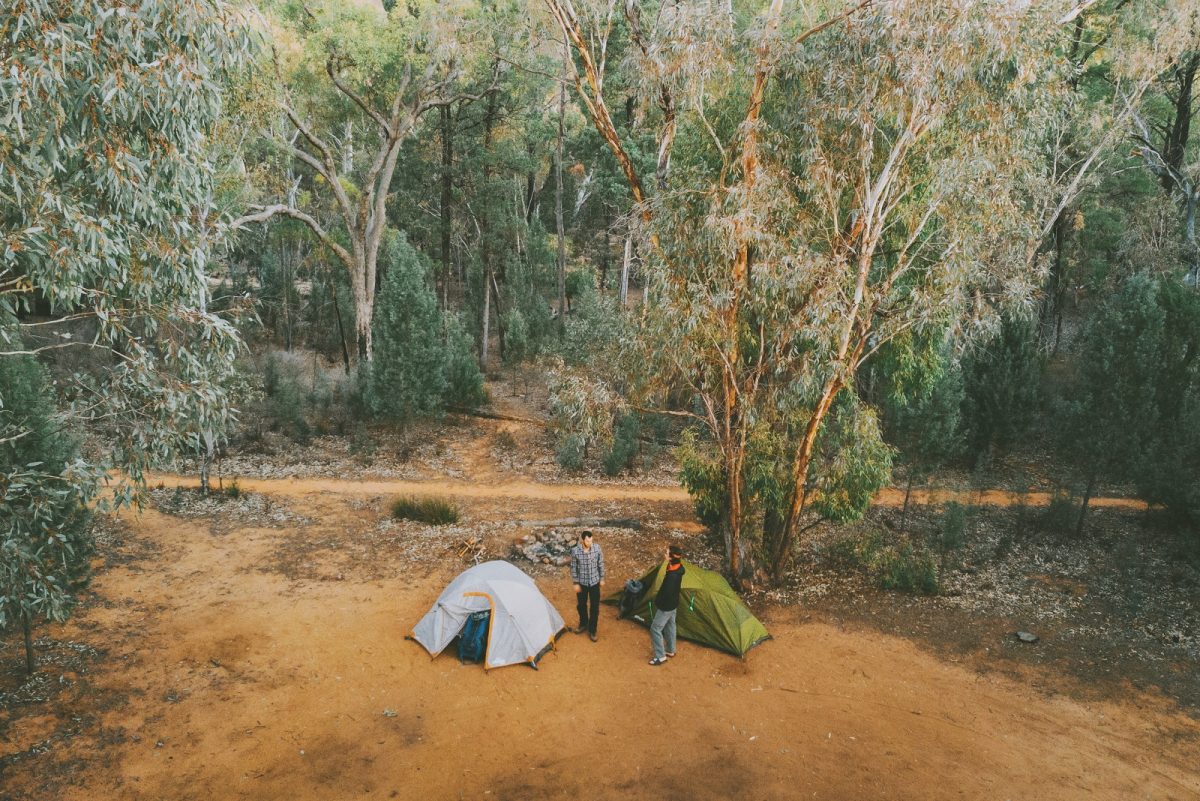 Aerial view of two men and tents at Sculptures in the Scrub campground. Photo credit: Harrison Candlin/DPIE