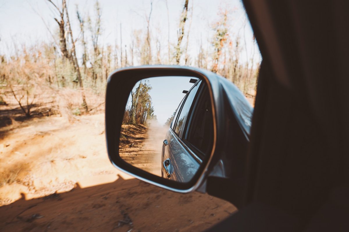 Wing mirror view of the road in Timmallallie National Park. Photo credit: Harrison Candlin/DPIE