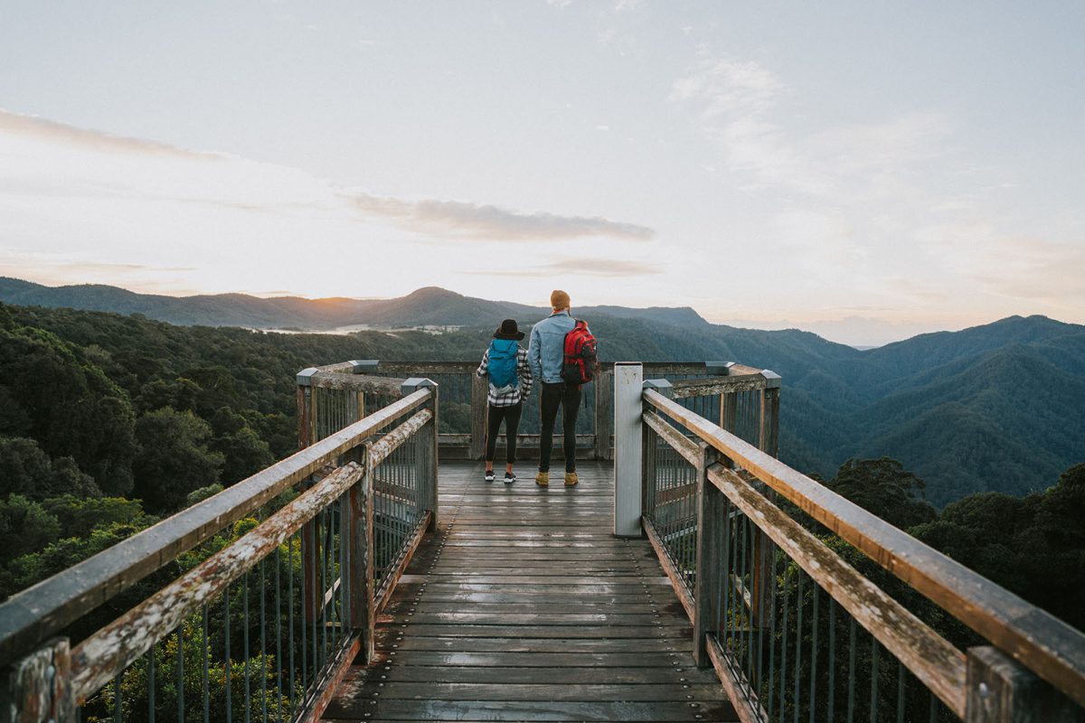 Two people looking at the view from the Skywalk lookout, Dorrigo National Park