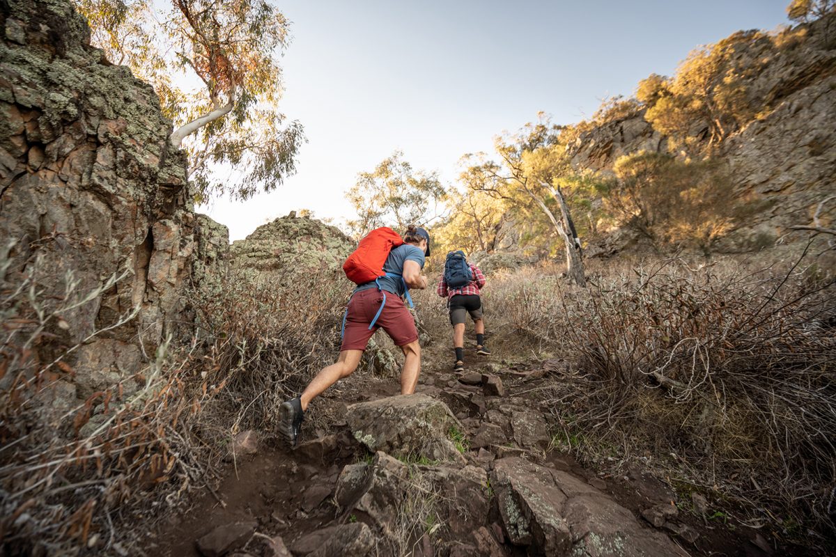 Two people hiking up the Yerong walking track, The Rock Nature Reserve - Kengal Aboriginal Place. Photo: Rob Mulally/DPIE