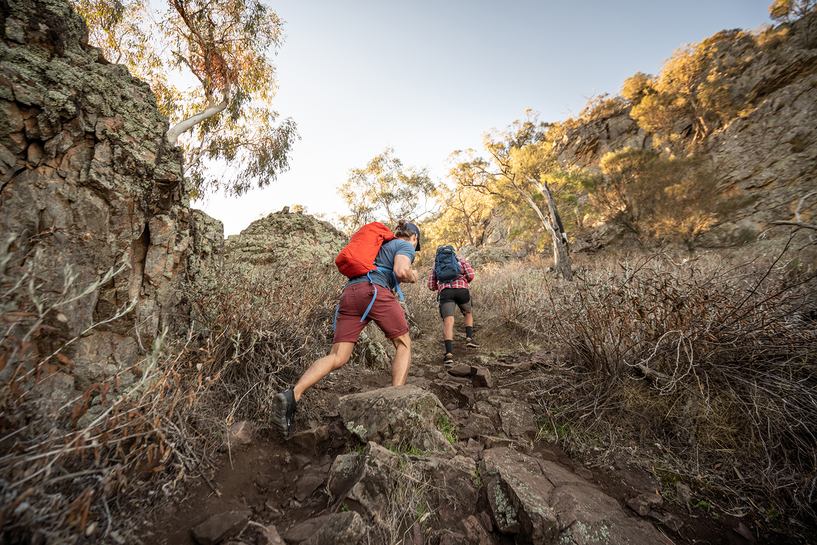 Two people hiking up the Yerong walking track, The Rock Nature Reserve - Kengal Aboriginal Place. Photo credit: Rob Mulally/DPIE
