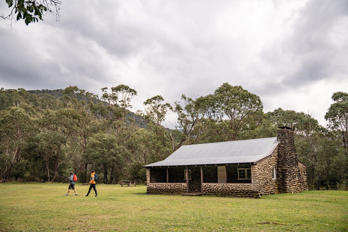 Two people on the Geehi huts walking track, Khancoban area in Kosciuszko National Park. Photo: Rob Mulally/DPIE