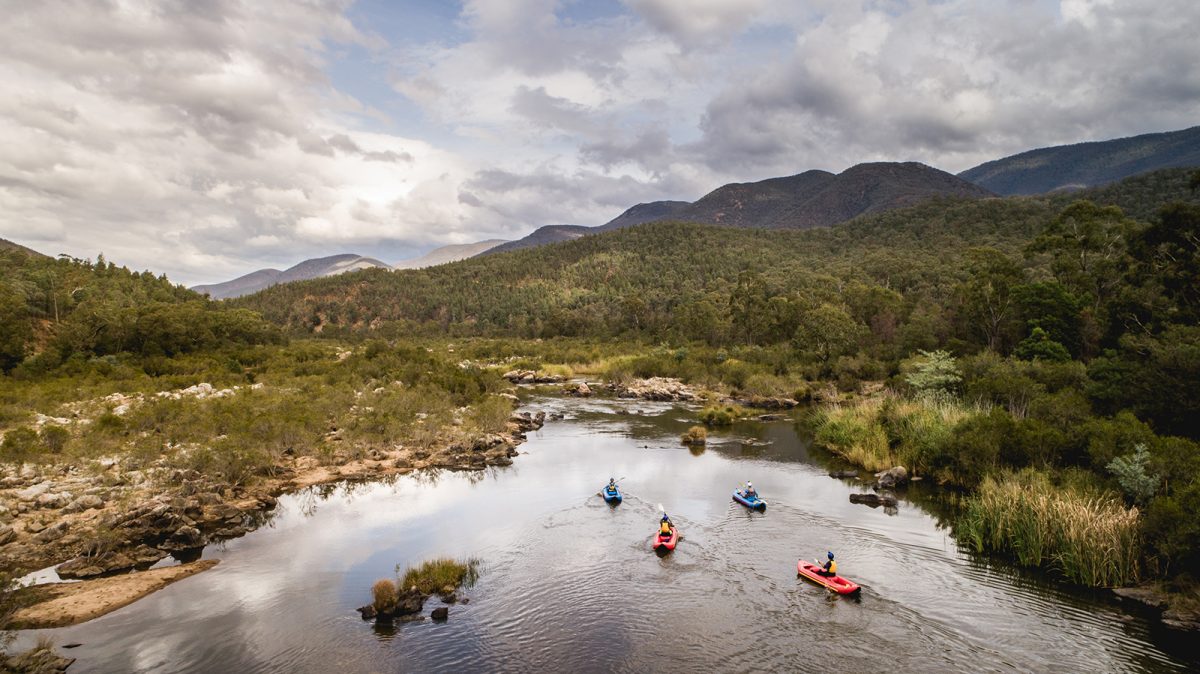 Aerial view of four people kayaking on the Snowy River, Kosciuszko National Park
