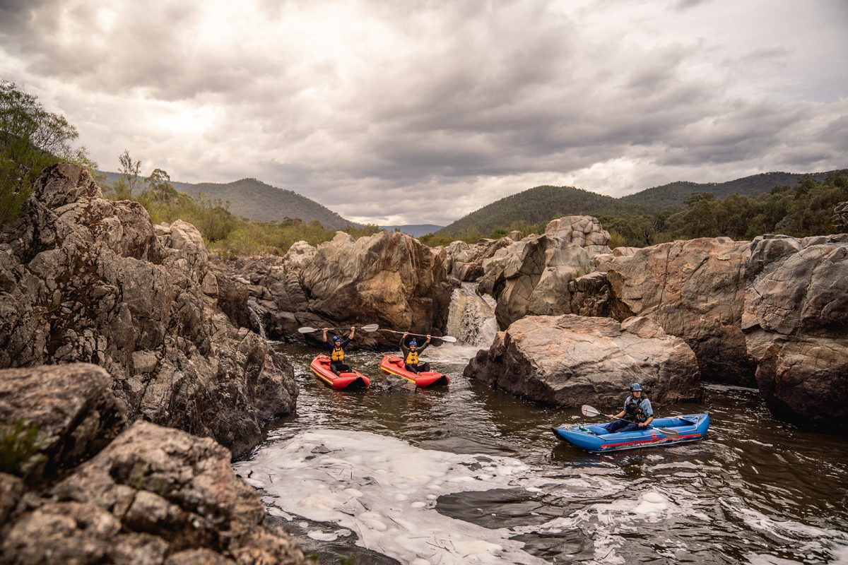 People kayaking in the Snowy River, Kosciuszko National Park. Photo: Rob Mulally/DPIE