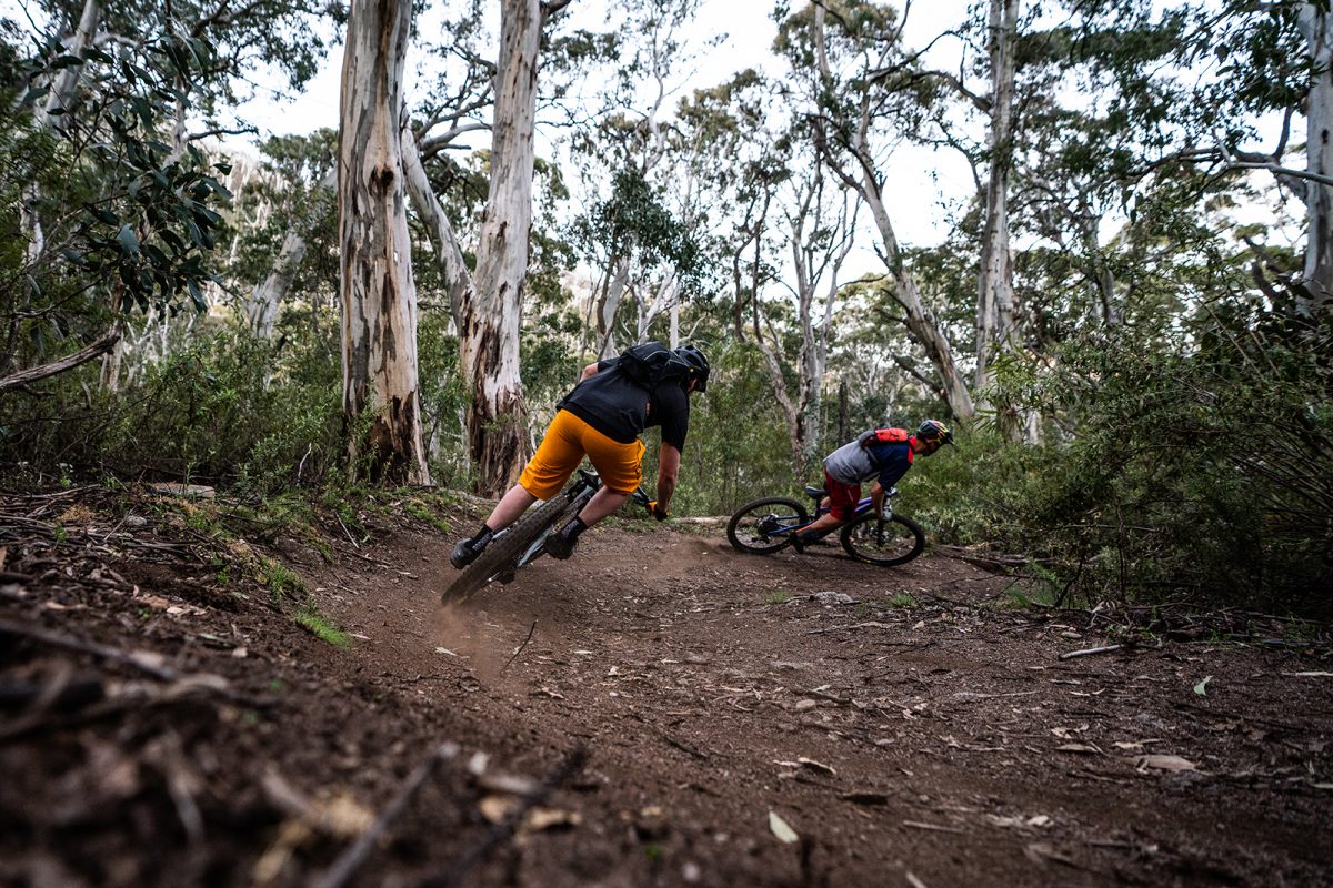 Two people tackling switchbacks between Ngarigo and Thredbo Diggings campground on the Thredbo Valley track. Photo: Rob Mulally/DPIE