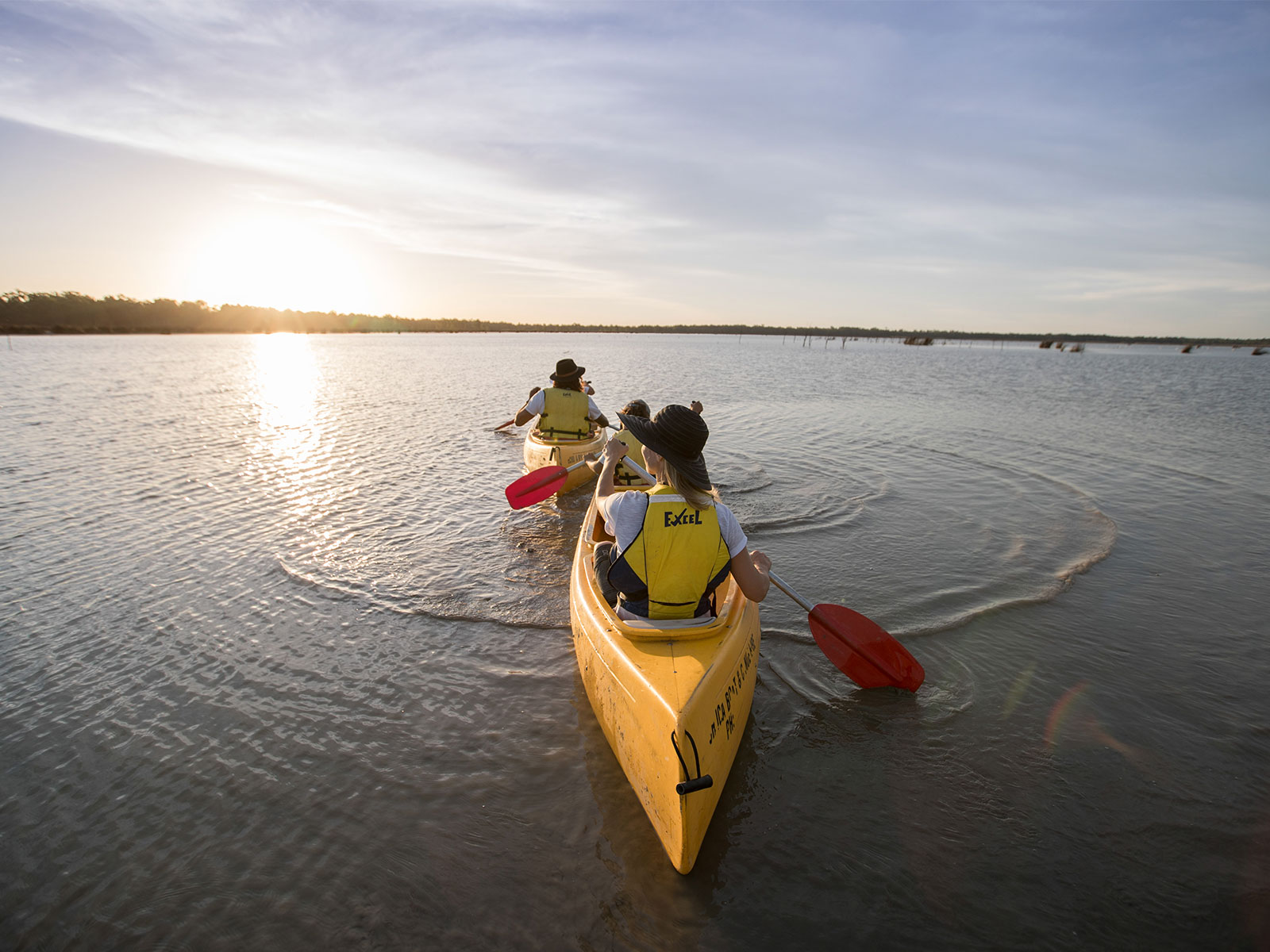 A family in two canoes paddles down the Murray River, Murray Valley National Park. Photo: Boen Ferguson/DPIE