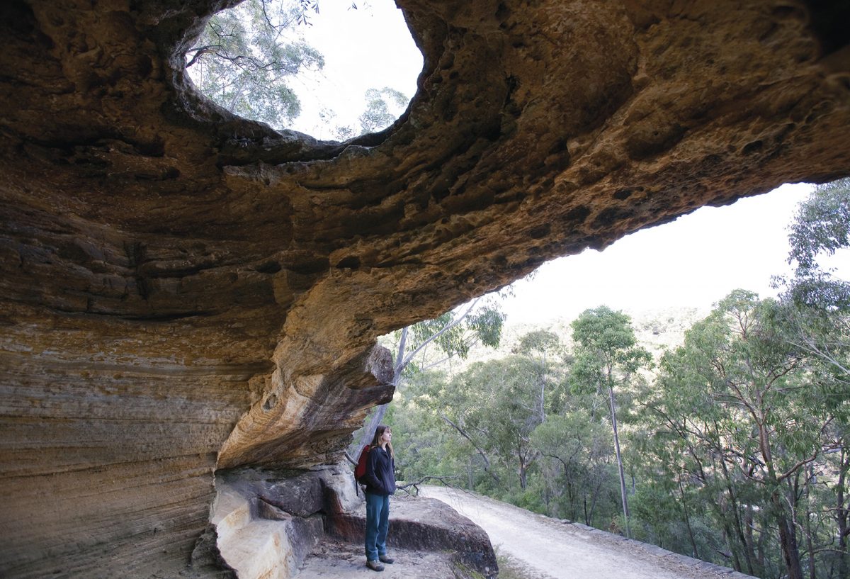 : A female tourist looks at Hangman's Rock on the convict built Old Great North Road in Dharug National Park. Photo Credit: Nick Cubbin/DPIE