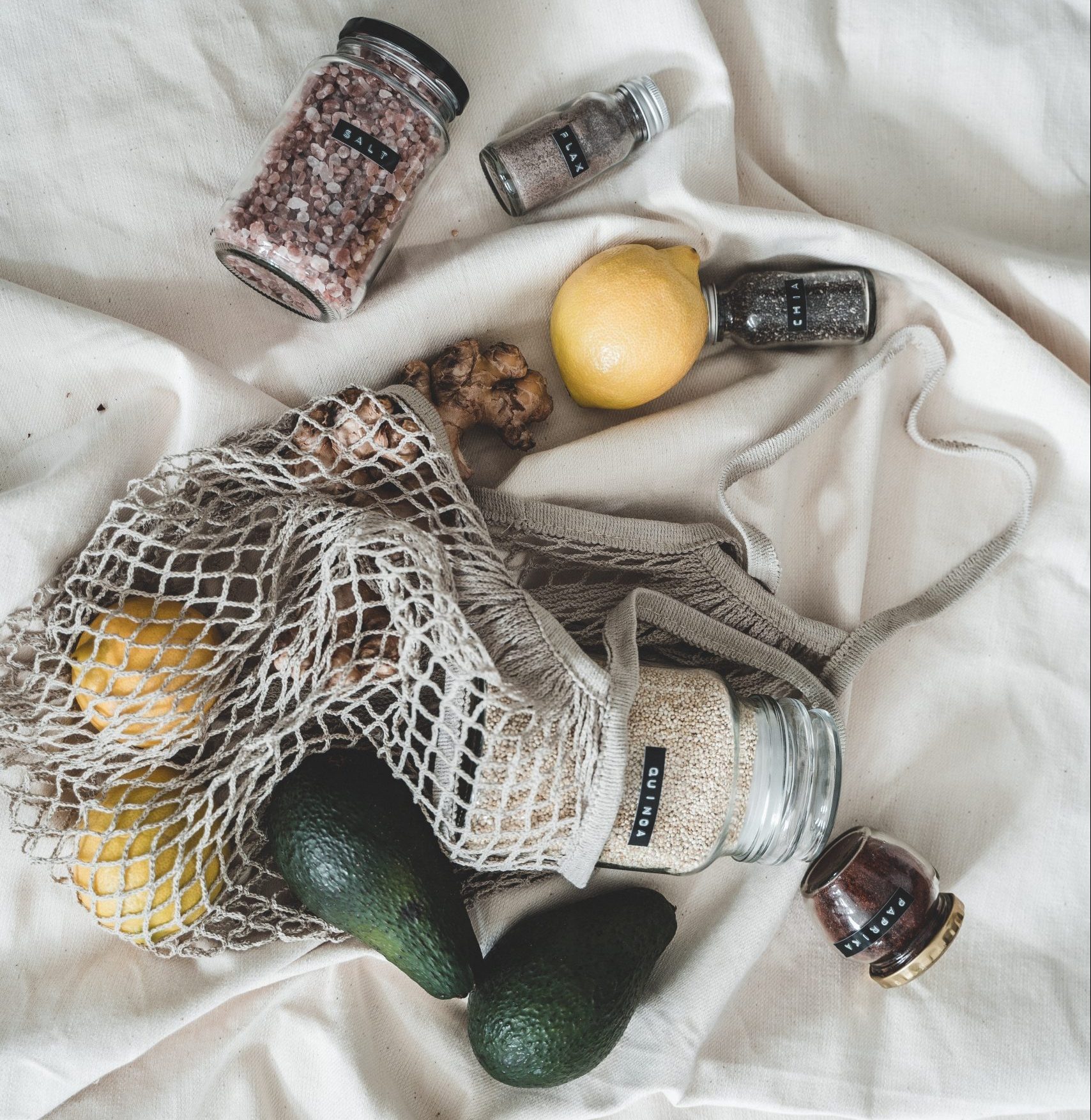 Flat lay of supermarket purchases in a eco net bag. Photo Taryn Elliot