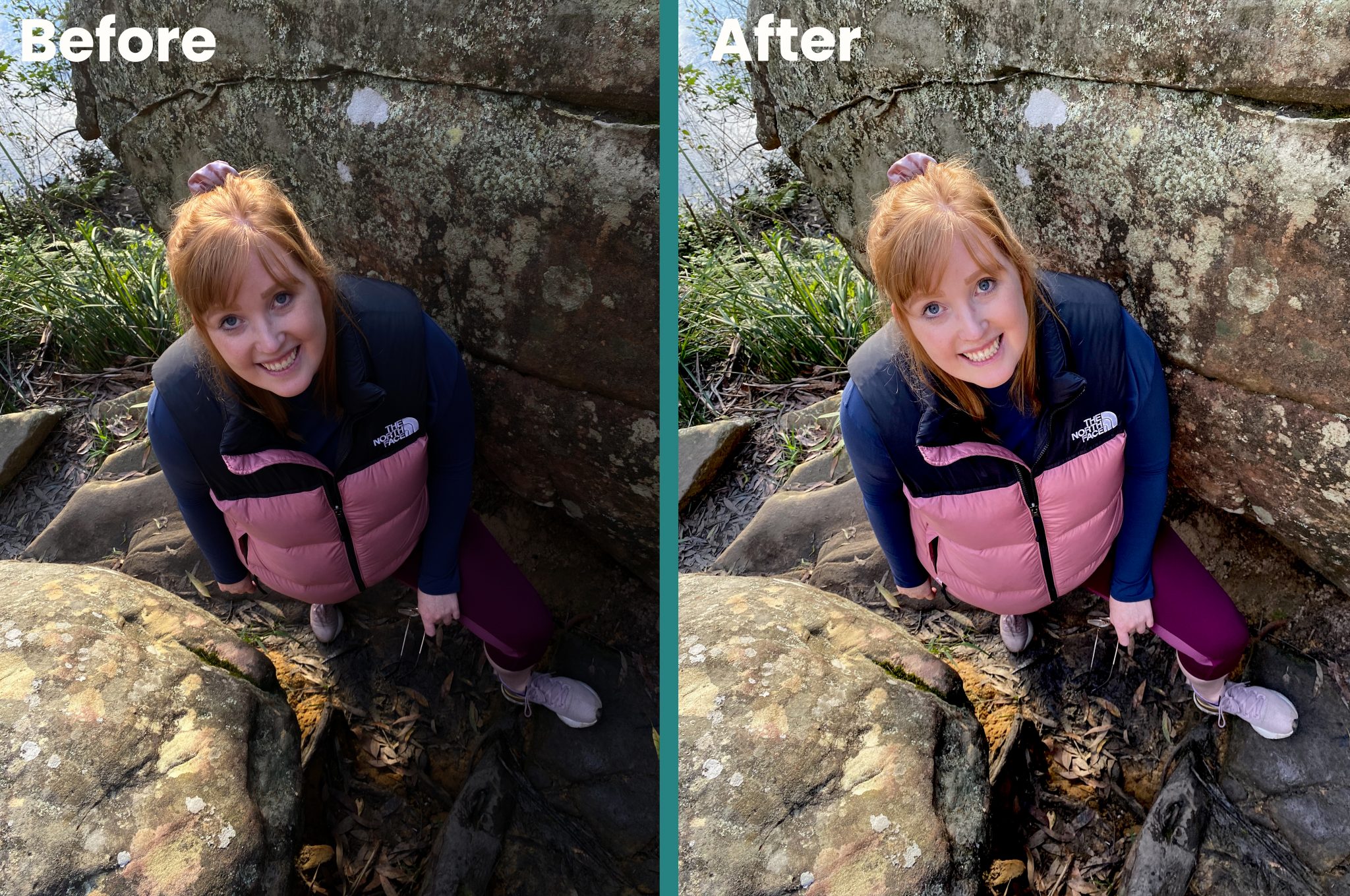 a side by side before and after of a person using a DIY reflector. Photo: Tim Ashelford