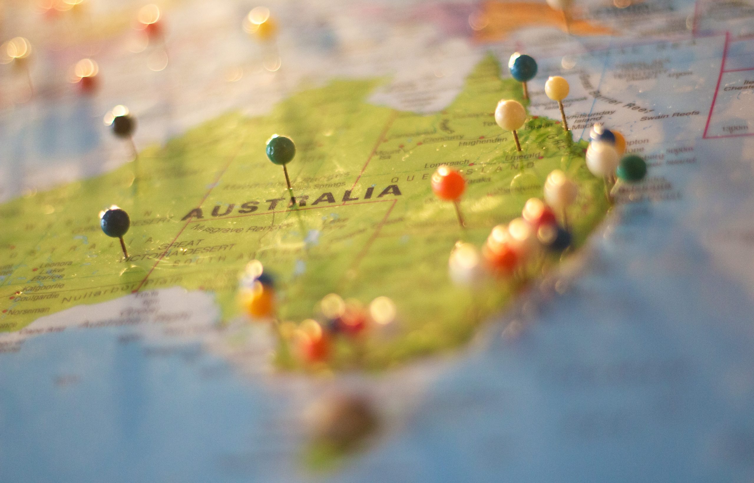 Australia map with pins. Photo: via Pexels Catarina Sousa