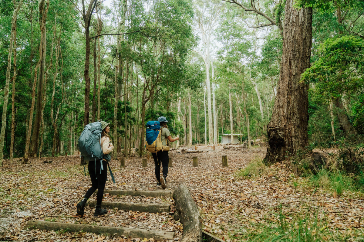 Two People walk into Oaky Beach Campground., Murramarang National Park. Photo credit: Remy Brand / DPE
