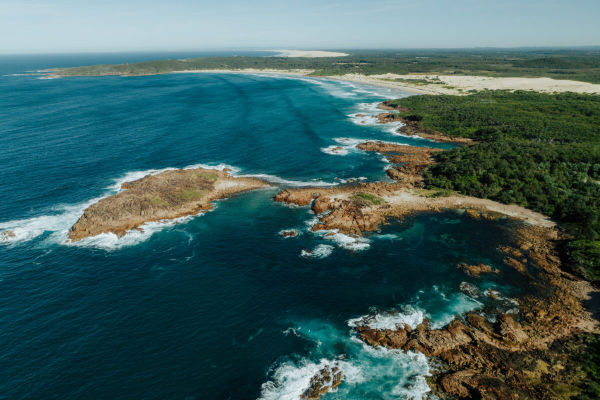 Aerial of the Tomaree National Park coast line. Photo credit: Remy Brand / DPE