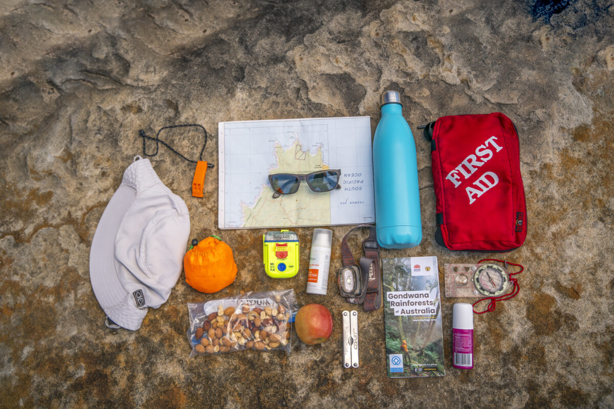 Flat lay of equipment to pack for a bushwalk. Photo credit: John Spencer / DPE