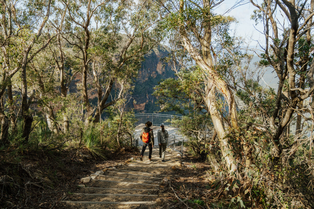 Two people at Gordon Falls Lookout, Grand Cliff Top Walk, Blue Mountains National Park, Photo Credit; Remy Brand / DCCEEW