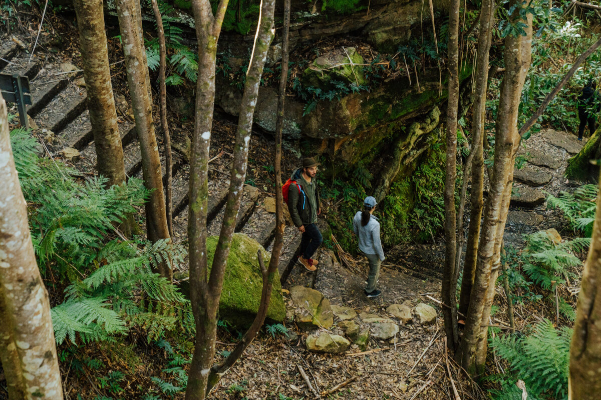 Two people walking to Pool of Siloam, Blue Mountains National Park. Photo credit: Remy Brand / DCCEEW