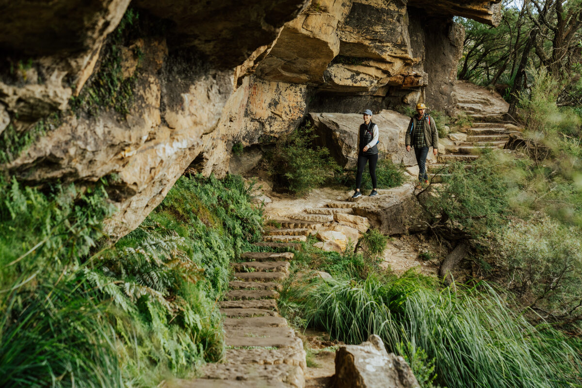 Two people walking on the Overcliff-Undercliff track, Grand Cliff Top Walk, Blue Mountains National Park. Photo: Remy Brand / DCCEEW