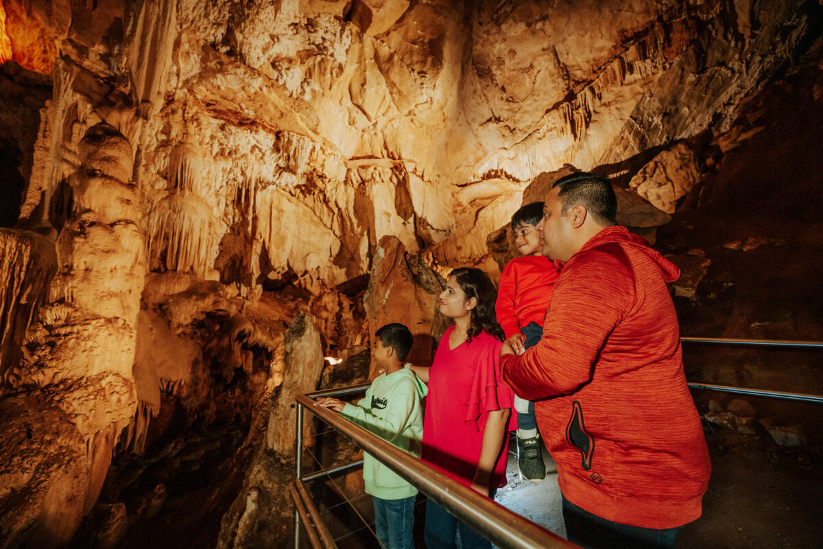 A family of four admiring the inside of Fig Tree cave, Wombeyan Caves, Wombeyan Karst Conservation Area. Photo credit: Remy Brand / DCCEEW