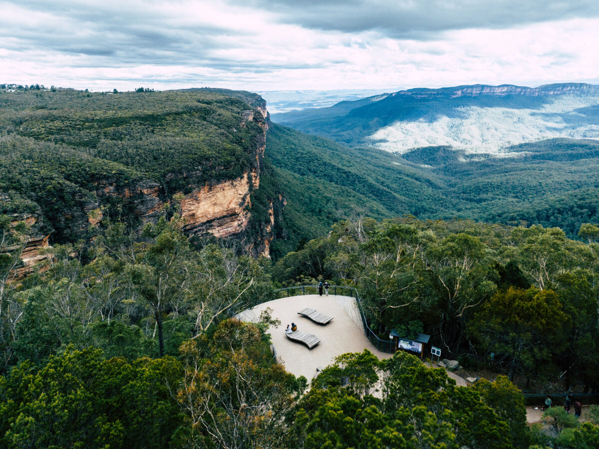 Aerial view of Fletchers Lookout, Grand Cliff Top Walk,, Blue Mountains National Park. Photo Credit: Remy Brand / DCCEEW