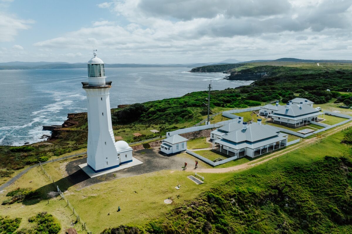 A bird's-eye view of Green Cape Lighthouse on the Light to Light Walk. Photo credit: Daniel Parsons/DCCEEW
