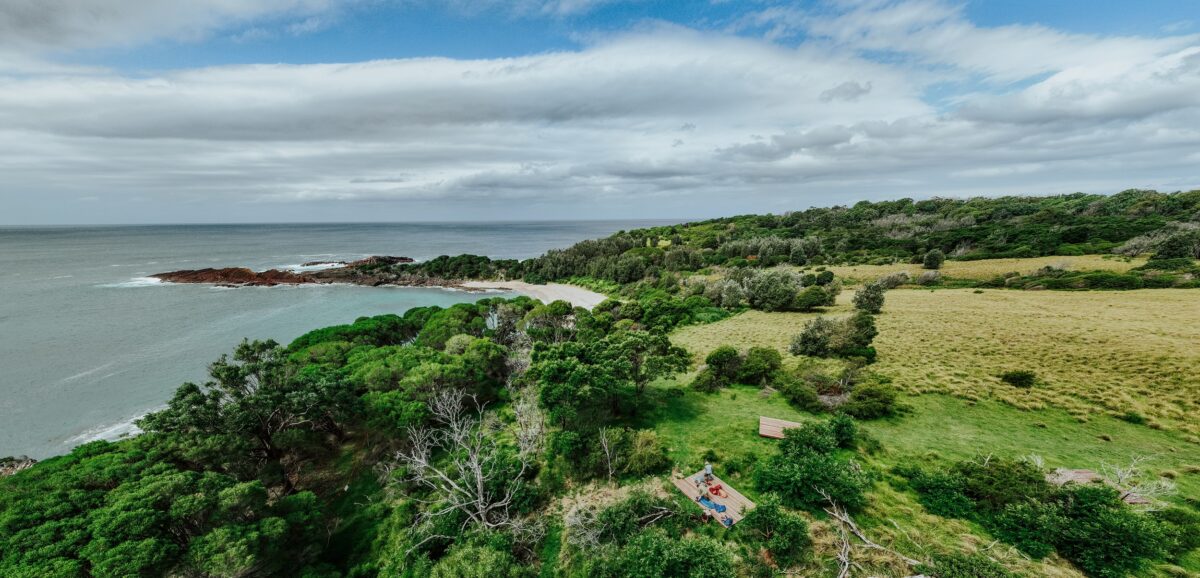 An aerial veiw of the camping platforms at Mowarry Campground on the Light to Light Walk. Photo credit: Daniel Parsons/DCCEEW