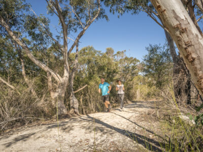 A group of people trail running in Garigal National Park.